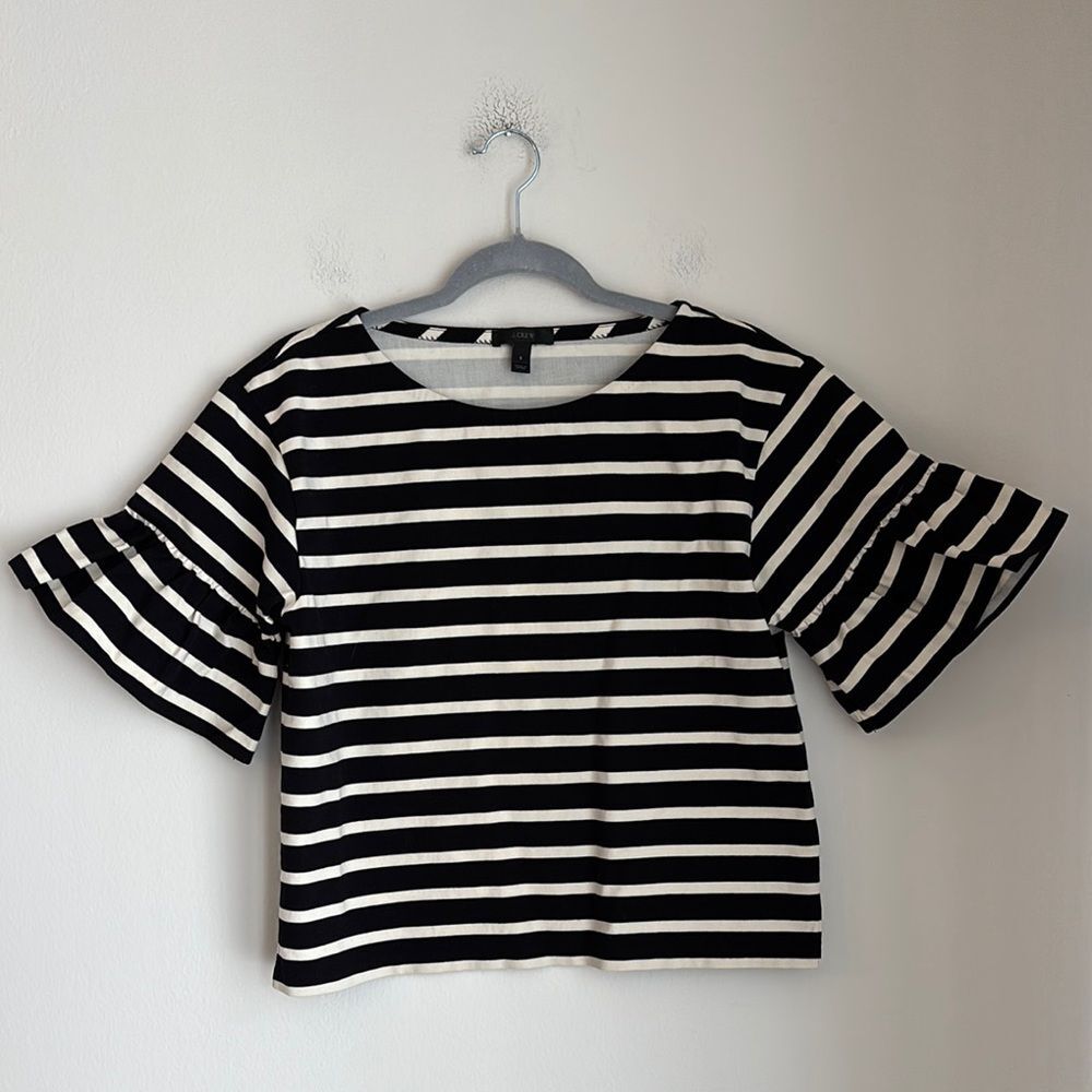 J. Crew Women Black and White Striped Women's Ruffle sleeve Top blouse Small!